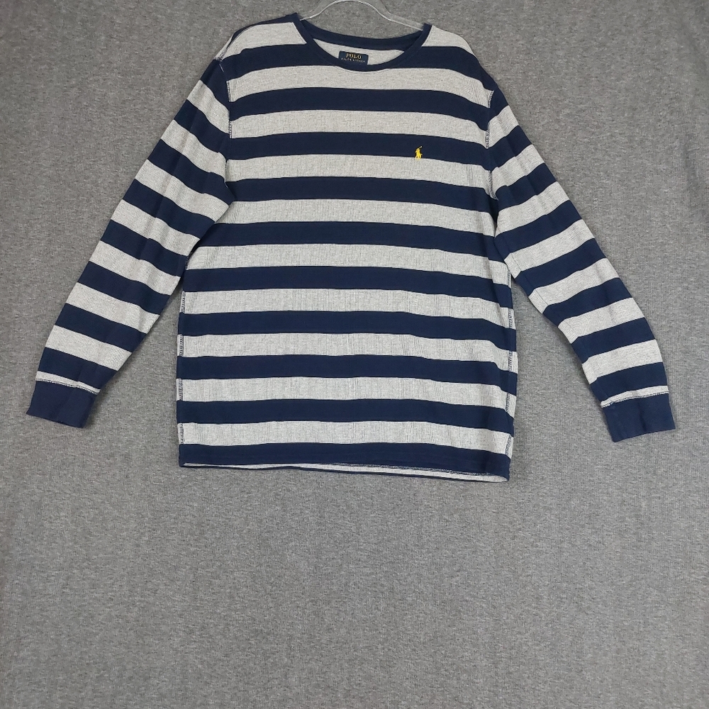 POLO RALPH LAUREN SLEEPWEAR MENS BLUE GRAY STRIPE WAFFLE KNIT LONG SLEEVE 2XL